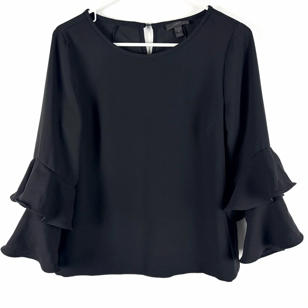 J.Crew Black Ruffle Sleeve Blouse Size 6 Keyhole Back Flowy Top - Picture 3 of 12